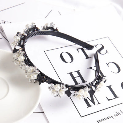 Double Layer Braided Headband With Pearl Accent Comfortable - Smarsty