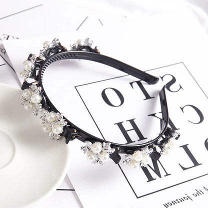 Double Layer Braided Headband With Pearl Accent Comfortable - Smarsty