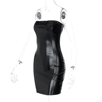 Women Summer Sexy Party Strapless Bodycon Pu Leather Slim Package Hip Black Mini Dress Sundress Female Clothing - Smarsty