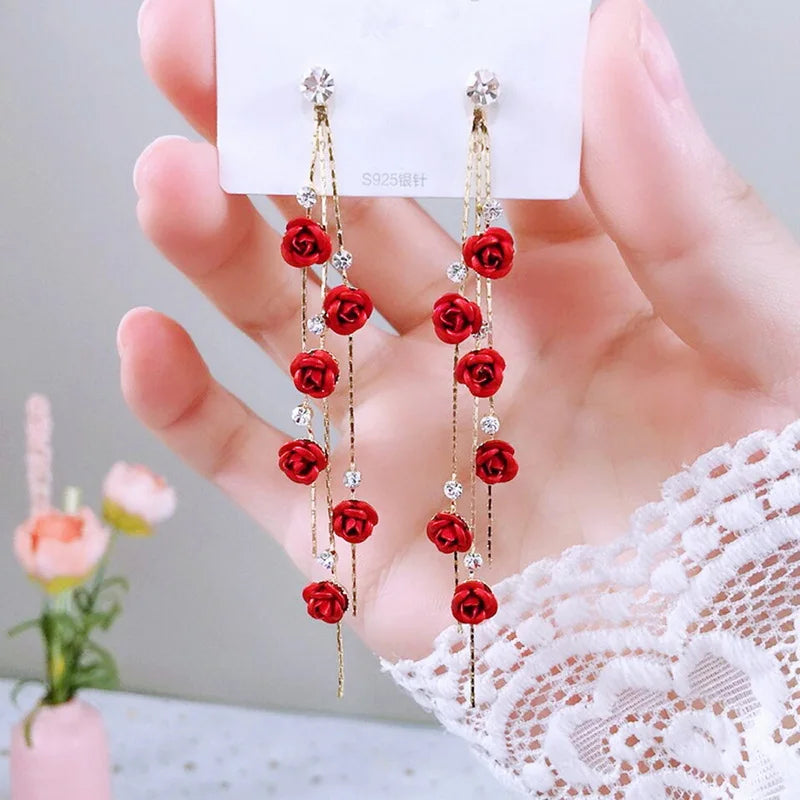 Red Rose Drop Earrings for Women Vintage Rhinestone Design - Smarsty