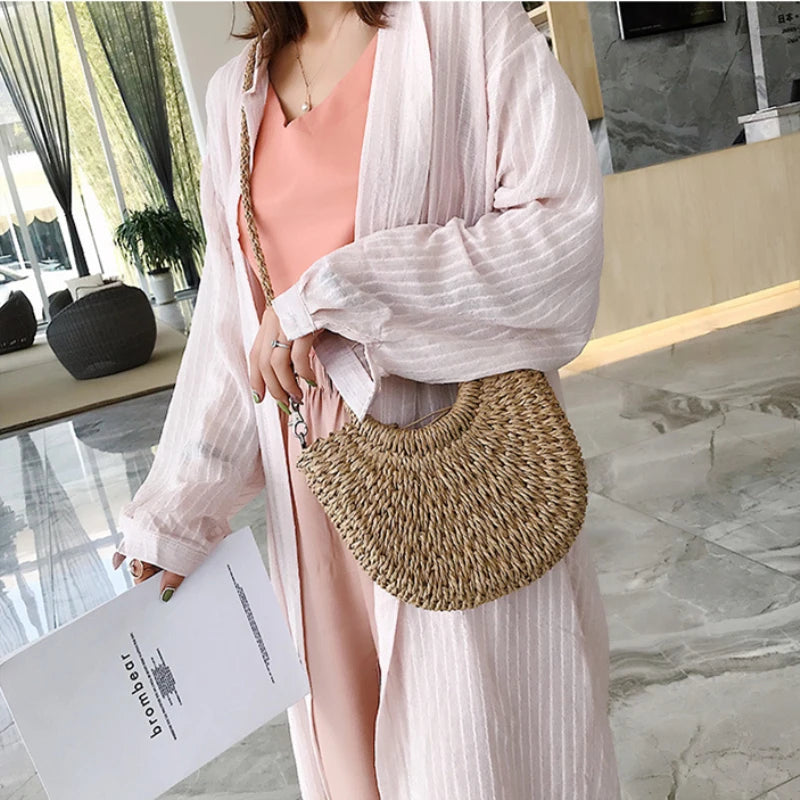 Summer Handmade Straw Bag for Women Beach Tote Moon Shaped - Smarsty