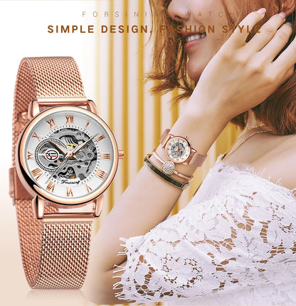 Fashionable Women's Mechanical Automatic Watch with Mesh Strap - Smarsty