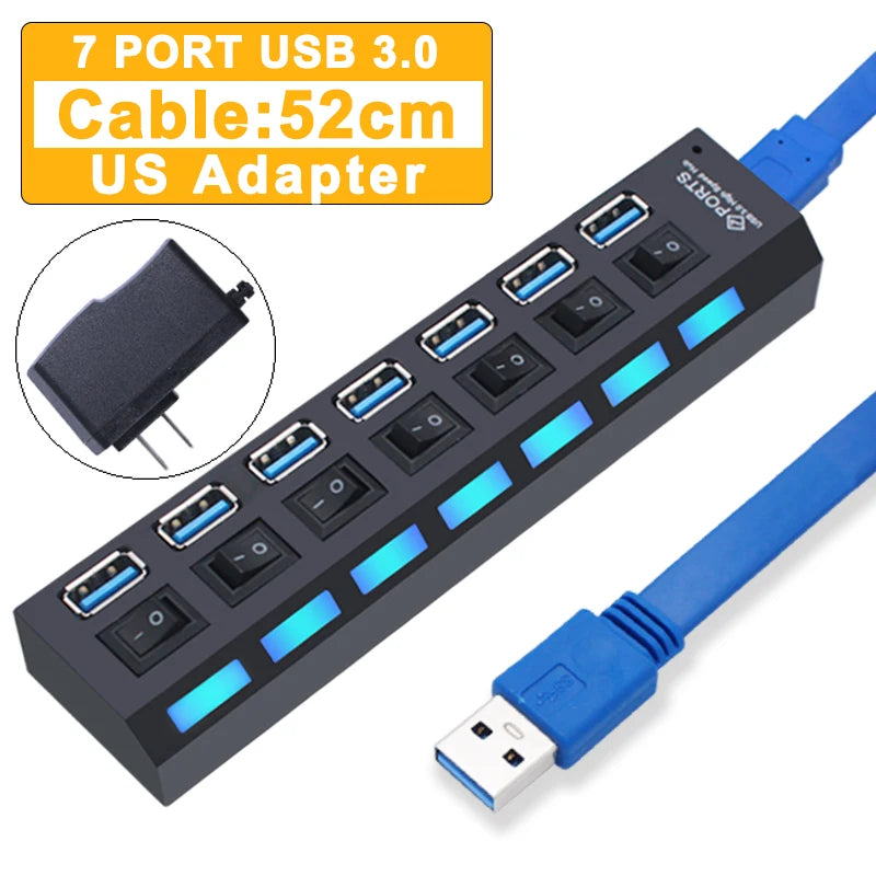 USB Hub 3.0 With Power Switch 7 Port Expansion Pro