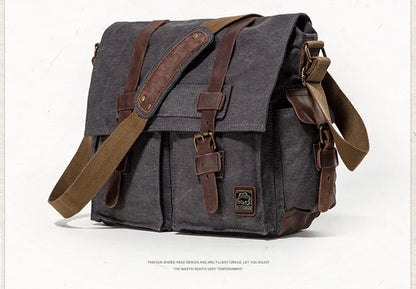 Vintage Leather Canvas Messenger Bag Unisex Crossbody - Smarsty