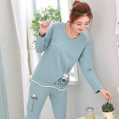 Autumn Thin 2pieces Pyjamas Set Women 2025 Round Neck Girls Bear Pajamas Sets Teacup Cat Full Sleepwear Tops lovers Pajama Mujer - Smarsty