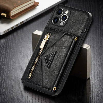 Zipper Wallet Phone Case For iPhone 14 13 12 11 X XS XR Leather Card Back Crossbody Strap Leather Magnetic Wallet Phone Case by Smarsty