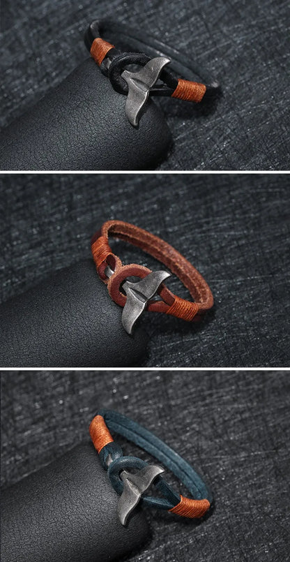 Vintage Leather Whale Tail Bracelet Beach Jewelry for Men Women - Smarsty