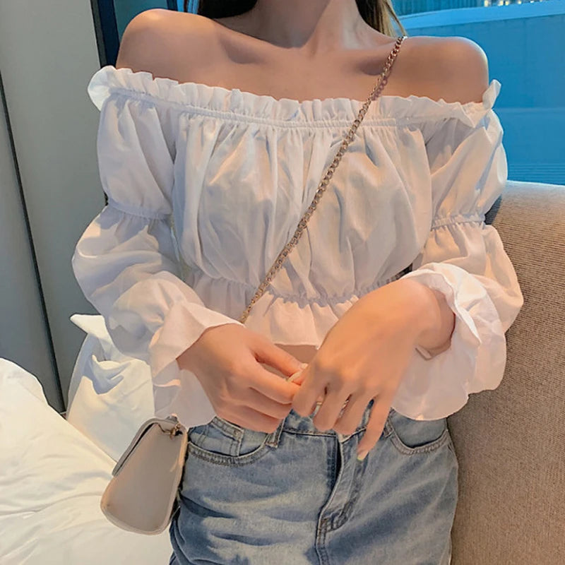 Women Top Sexy Blouse Off Shoulder Top Long Sleeve Solid Color White Shirt Puff Sleeve Ruffle Tunic Crop Top Summer Tube Top - Smarsty
