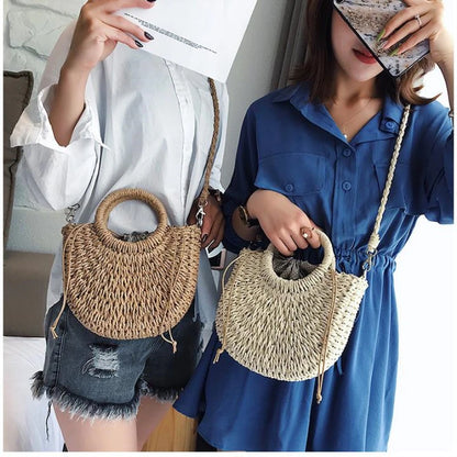 Summer Handmade Straw Bag for Women Beach Tote Moon Shaped - Smarsty