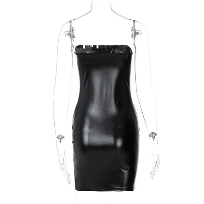 Women Summer Sexy Party Strapless Bodycon Pu Leather Slim Package Hip Black Mini Dress Sundress Female Clothing - Smarsty