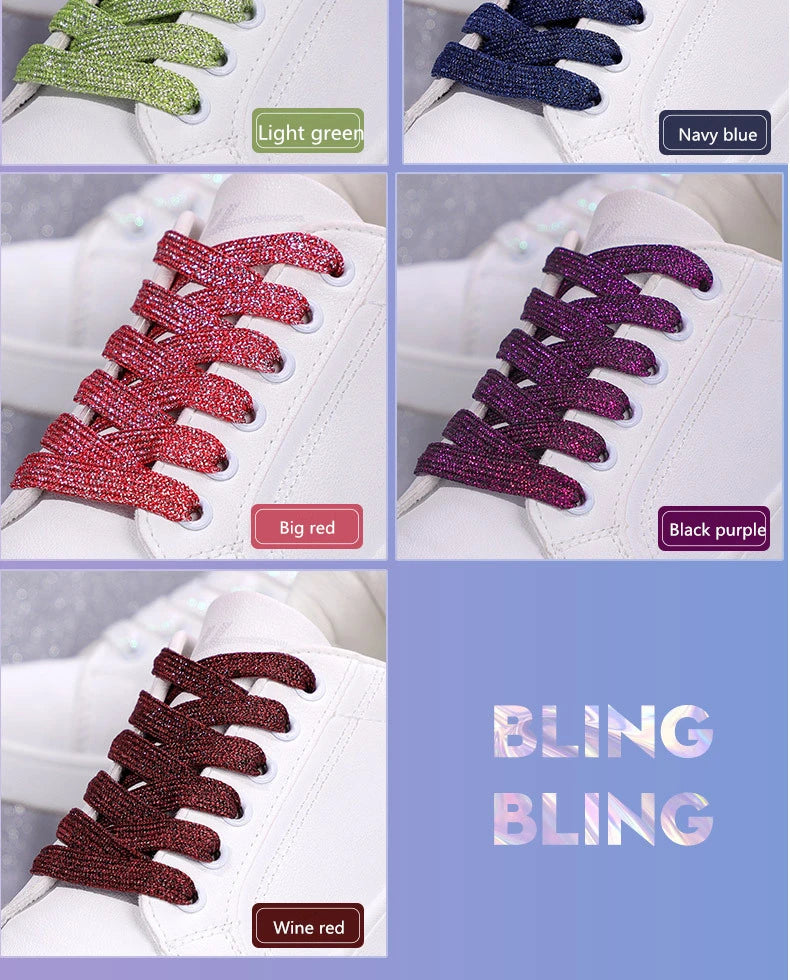 1Pair Fashion Glitter Shoelaces Colorful Flat Shoe laces for Athletic Running Sneakers Shoes Boot 1CM Width Shoelace Strings