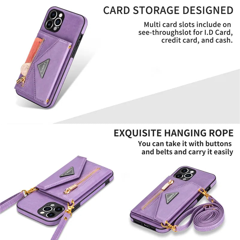 Zipper Wallet Phone Case For iPhone 17 Air 16 Plus 16E 15 Pro Max Leather Card Back Crossbody Strap Leather Magnetic Wallet Phone Case by Smarsty
