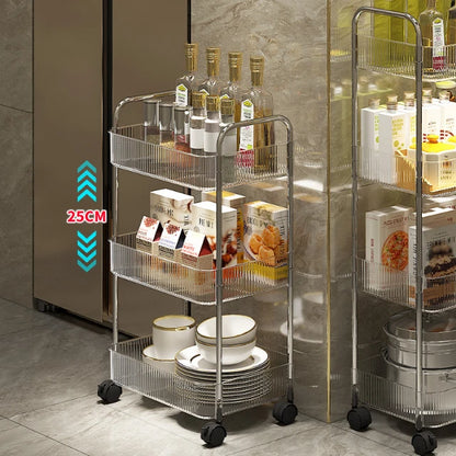 3/4 Layer Rolling Trolley Storage Rack Movable Trolley With Hanging Basket Bathroom Storage Makeup Snack Organizer Transparent