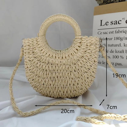 Summer Handmade Straw Bag for Women Beach Tote Moon Shaped - Smarsty