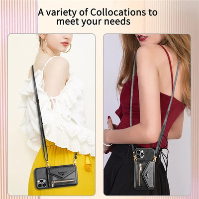 Zipper Wallet Phone Case For iPhone 14 13 12 11 X XS XR Leather Card Back Crossbody Strap Leather Magnetic Wallet Phone Case by Smarsty