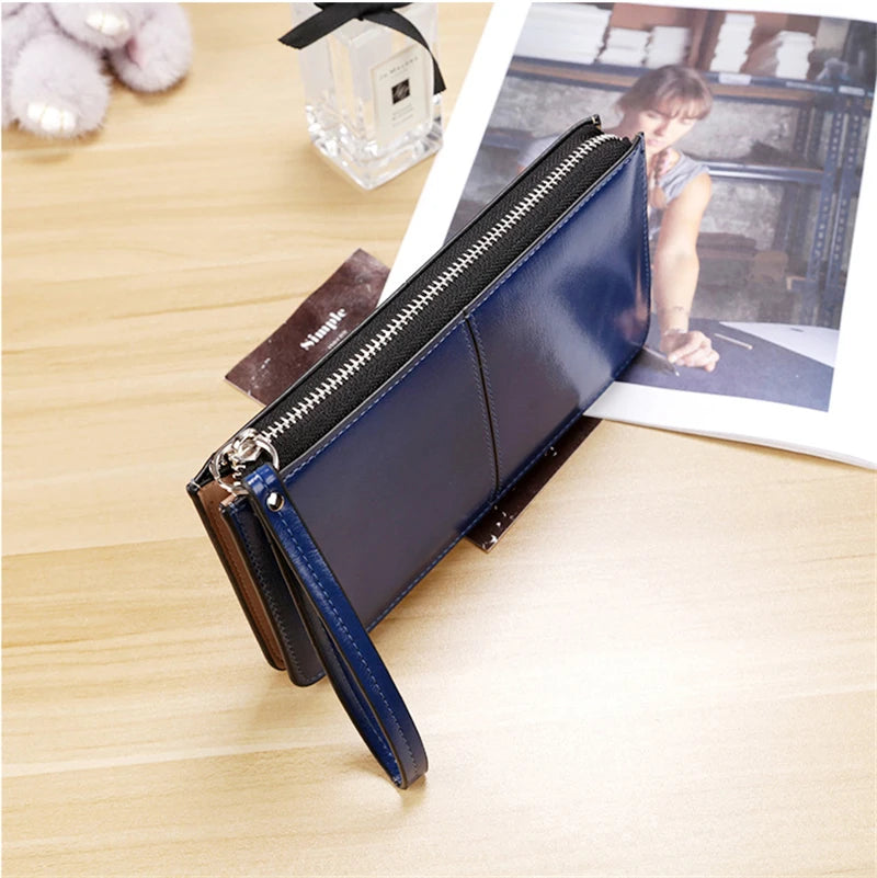Women's Vintage Oil Wax PU Leather Clutch Wallet Female Large Capacity Phone Purse Ladies Wristband Simple Card Holder Pouch Bag