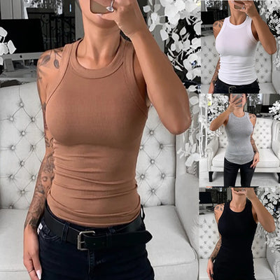 Women Solid Round Neck Ribbed Tank Top Camisole Women Summer Basic Elastic Tank Top O Neck Solid Tank Top - Smarsty