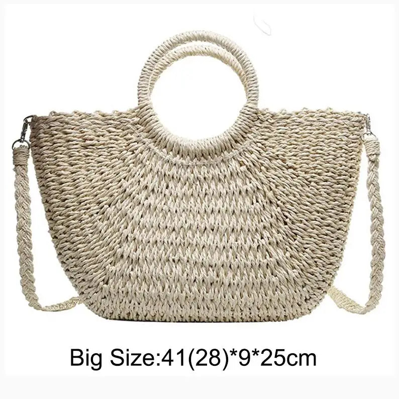 Summer Handmade Straw Bag for Women Beach Tote Moon Shaped - Smarsty