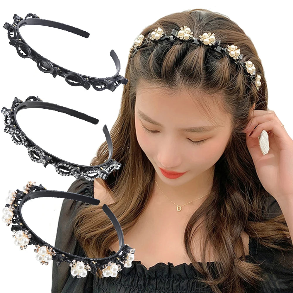 Double Layer Braided Headband With Pearl Accent Comfortable - Smarsty