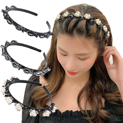 Double Layer Braided Headband With Pearl Accent Comfortable - Smarsty