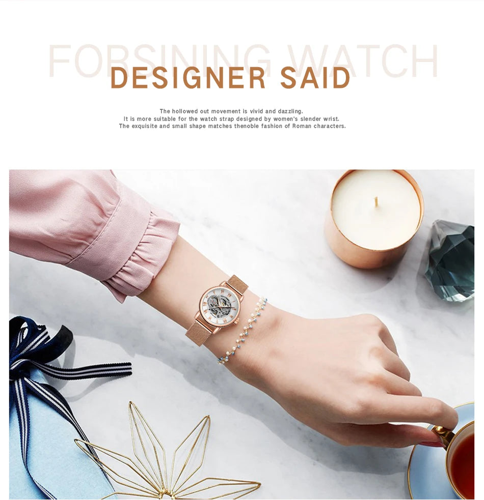Fashionable Women's Mechanical Automatic Watch with Mesh Strap - Smarsty