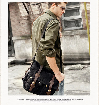 Vintage Leather Canvas Messenger Bag Unisex Crossbody - Smarsty