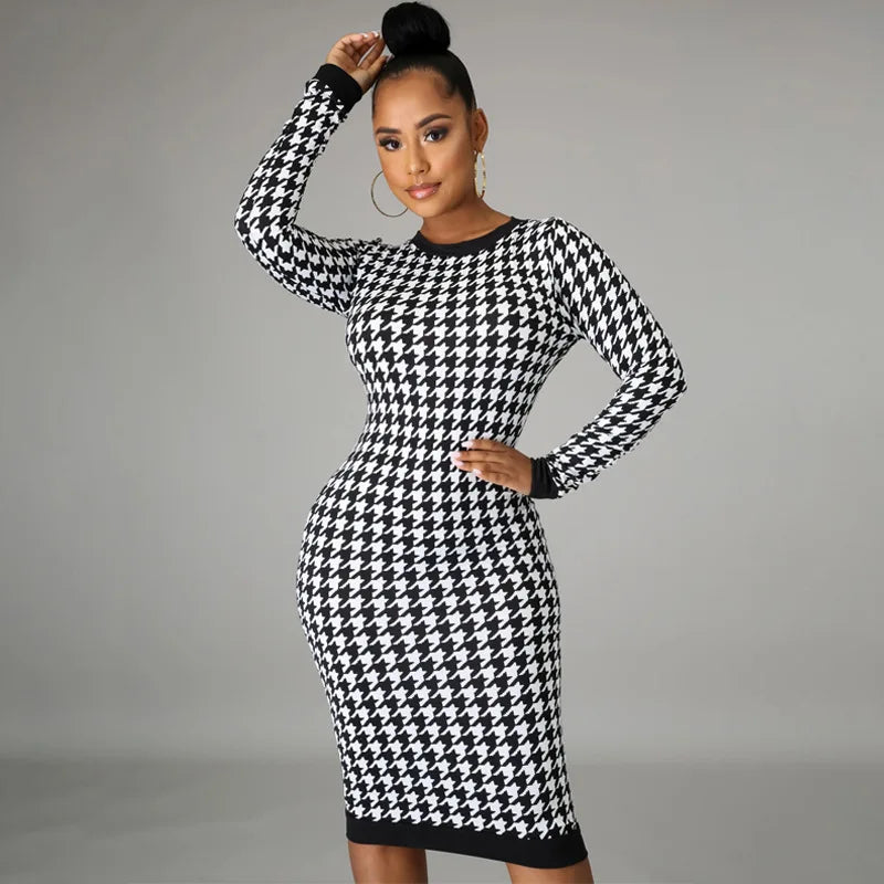 Houndstooth Print Women Long Sleeve Midi Dress Hollow Out Bodycon Sexy Streetwear 2022 Autumn Winter Club Elegant Slim - Smarsty