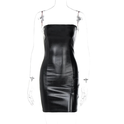 Women Summer Sexy Party Strapless Bodycon Pu Leather Slim Package Hip Black Mini Dress Sundress Female Clothing - Smarsty