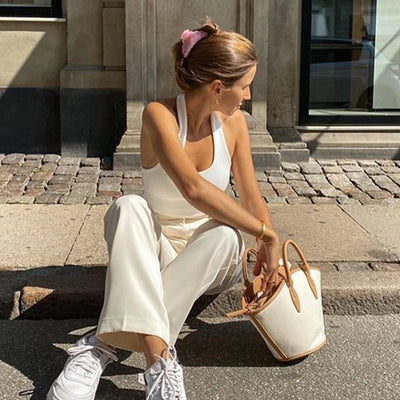 White Halter Sexy Backless Tank Tops for Women Streetwear 2024 Sleeveless Ribbed Knit Vest Top Cropped Feminino - Smarsty