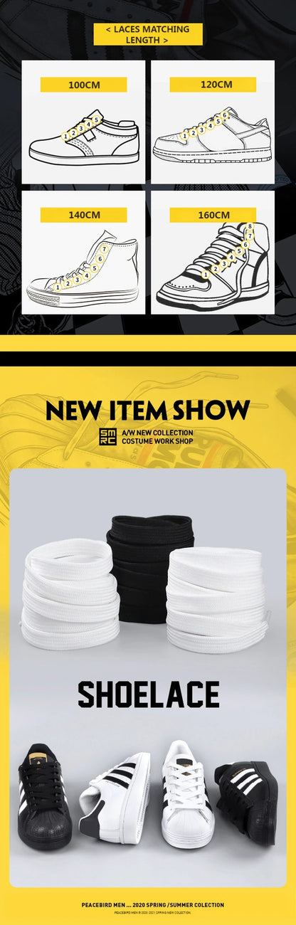 1Pair Classic shoelaces Flat black White Shoe Lace Double Fabric Non-slip Polyester Laces Casual Sport Shoestrings 100/120/140CM - Smarsty