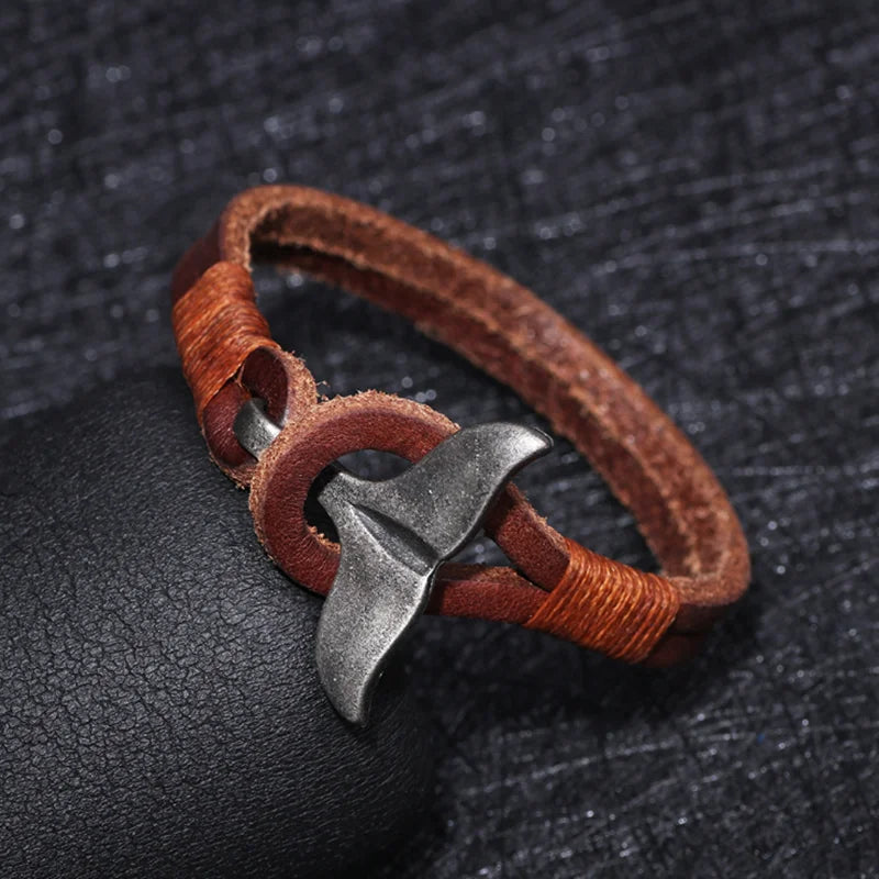 Vintage Leather Whale Tail Bracelet Beach Jewelry for Men Women - Smarsty