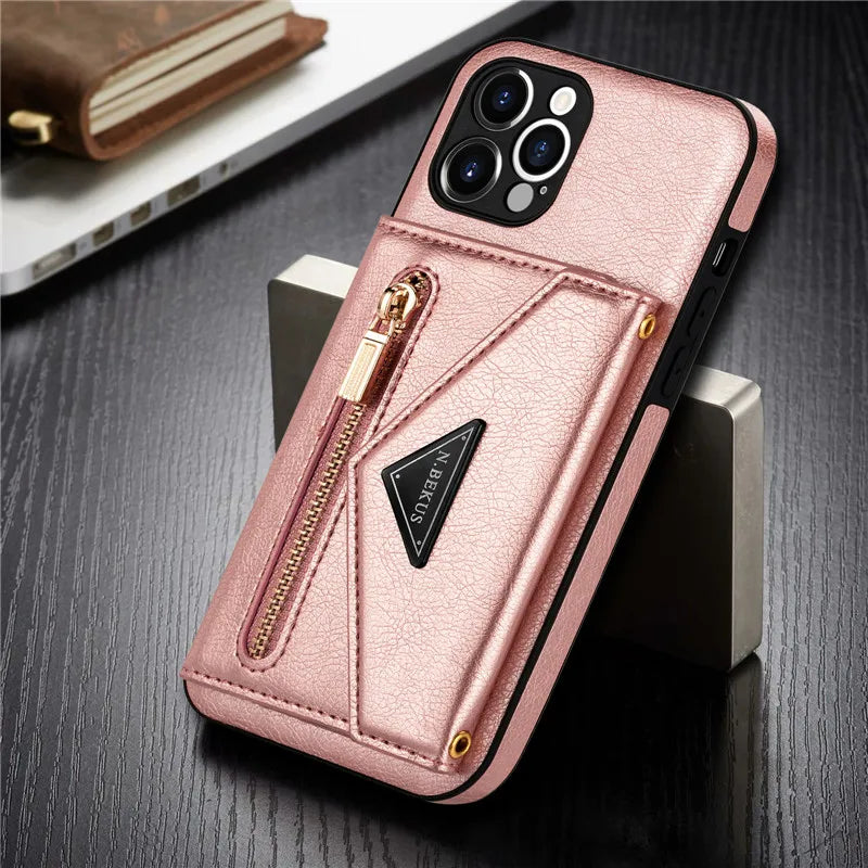 Zipper Wallet Phone Case For iPhone 14 13 12 11 X XS XR Leather Card Back Crossbody Strap Leather Magnetic Wallet Phone Case by Smarsty