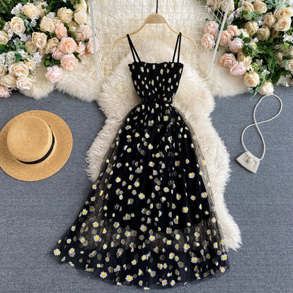 YuooMuoo Korean Fashion Daisy Flower Print Mesh Party Dress Summer Two Layers Spaghetti Strap Vacation Midi Dress Beach Vestidos - Smarsty