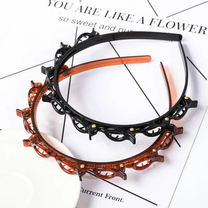 Double Layer Braided Headband With Pearl Accent Comfortable - Smarsty