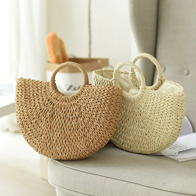 Summer Handmade Straw Bag for Women Beach Tote Moon Shaped - Smarsty