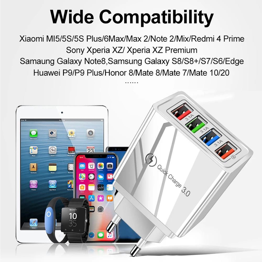 4 Port USB Quick Charge 3.0 Wall Charger EU Connector - Smarsty