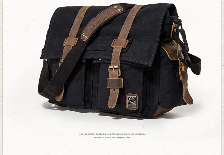 Vintage Leather Canvas Messenger Bag Unisex Crossbody - Smarsty