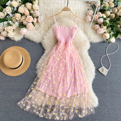 YuooMuoo Korean Fashion Daisy Flower Print Mesh Party Dress Summer Two Layers Spaghetti Strap Vacation Midi Dress Beach Vestidos - Smarsty