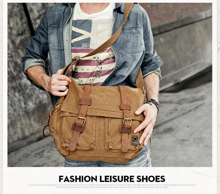 Vintage Leather Canvas Messenger Bag Unisex Crossbody - Smarsty