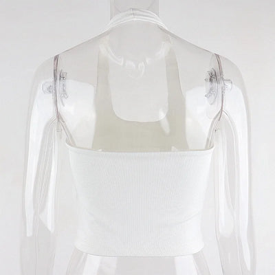 White Halter Sexy Backless Tank Tops for Women Streetwear 2024 Sleeveless Ribbed Knit Vest Top Cropped Feminino - Smarsty