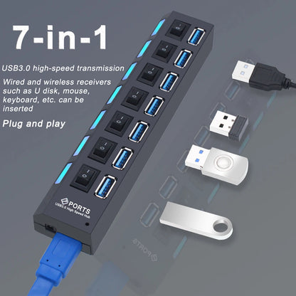 USB Hub 3.0 With Power Switch 7 Port Expansion Pro