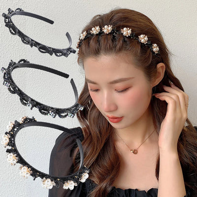 Double Layer Braided Headband With Pearl Accent Comfortable - Smarsty