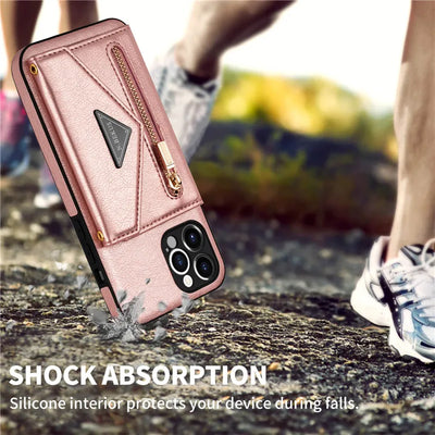 Zipper Wallet Phone Case For iPhone 14 13 12 11 X XS XR Leather Card Back Crossbody Strap Leather Magnetic Wallet Phone Case by Smarsty