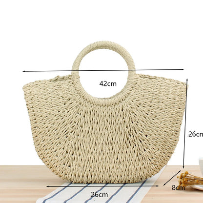 Summer Handmade Straw Bag for Women Beach Tote Moon Shaped - Smarsty