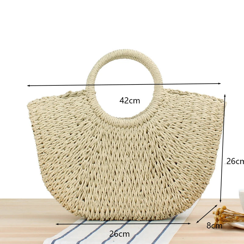 Summer Handmade Straw Bag for Women Beach Tote Moon Shaped - Smarsty