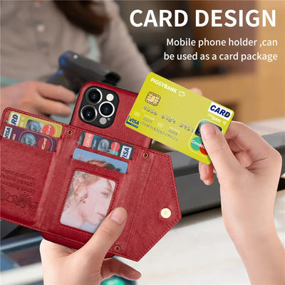 Zipper Wallet Phone Case For iPhone 14 13 12 11 X XS XR Leather Card Back Crossbody Strap Leather Magnetic Wallet Phone Case by Smarsty