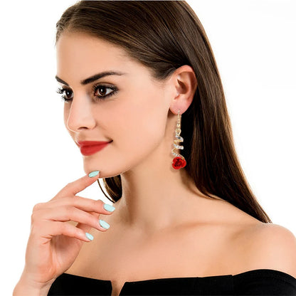 Red Rose Drop Earrings for Women Vintage Rhinestone Design - Smarsty