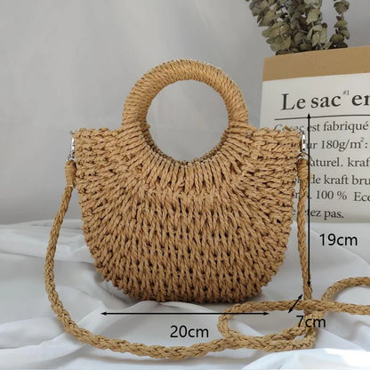 Summer Handmade Straw Bag for Women Beach Tote Moon Shaped - Smarsty