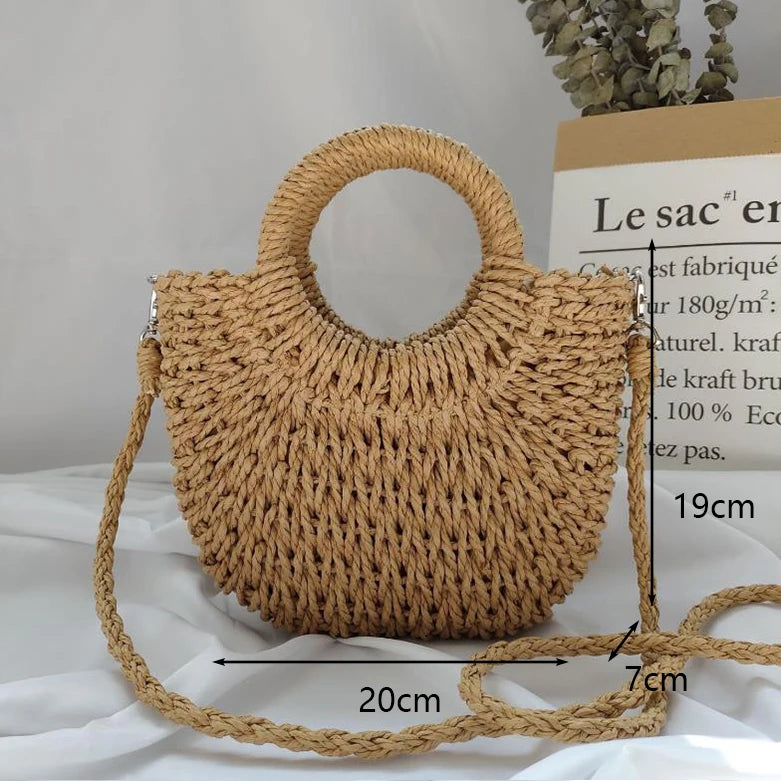 Summer Handmade Straw Bag for Women Beach Tote Moon Shaped - Smarsty