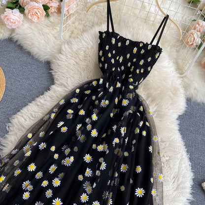 YuooMuoo Korean Fashion Daisy Flower Print Mesh Party Dress Summer Two Layers Spaghetti Strap Vacation Midi Dress Beach Vestidos - Smarsty